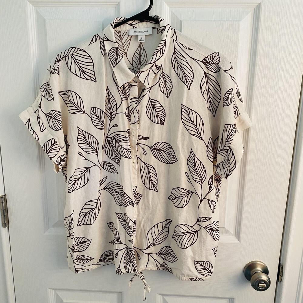 Calligraphie Shirt Womens XL Ivory Leaf Print Linen Blend Short Sleeve Neutral